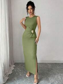 SHEIN Raffinéa 女士优雅金属装饰侧开衩无袖连衣裙，夏季 - 綠色 - 查看 6