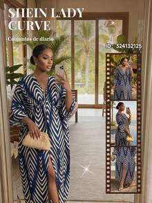 SHEIN CURVE+ 大码女式条纹撞色开衩下摆七分袖性感连衣裙 - 彩色 - 查看 7