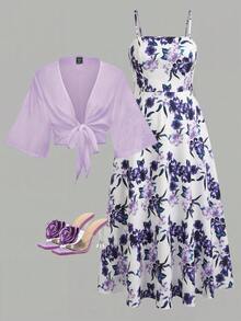 Gownix Plus Size Women's 2 Pieces Set, Elegant Lavender Floral Print Chiffon Cover Up And Slip Dress, Summer Tea Party Wedding Vacation Outfit Matching Set - Mauve Purple - View 4