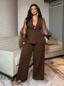 NU&NOW Plus Size Commuter Suit Set With Mesh Patchwork Design - Coffee Brown - View 2