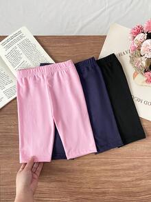 SHEIN Elladie kids 3件套女童柔软舒适打底裤，粉色、藏蓝色、黑色，适合居家和户外穿着，夏季 - 彩色 - 查看 4