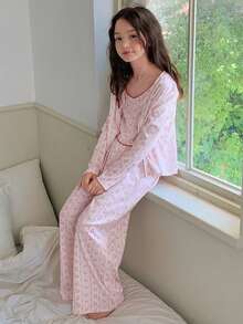 DAZY 少女碎花叠穿上衣、开衫和裤子休闲家居服套装 - 淺粉色 - 查看 3