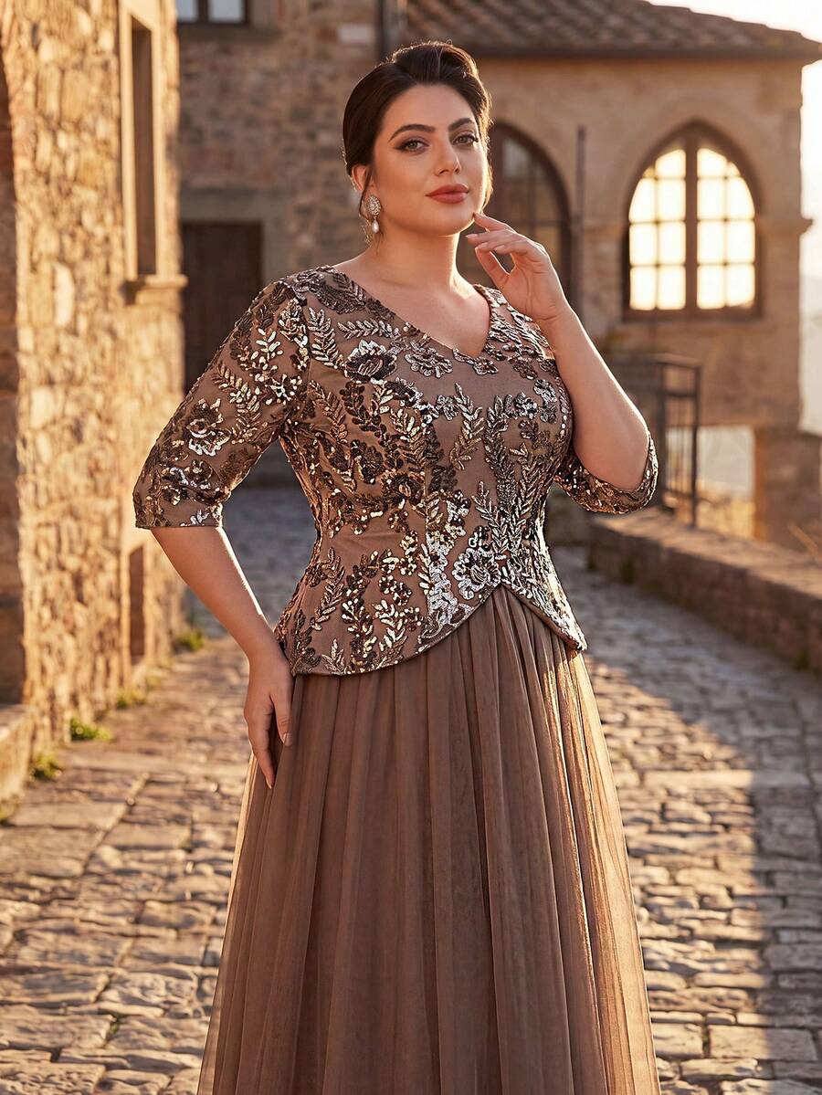 Serin Đầm maxi cỡ lớn sang trọng, thanh lịch với họa tiết ren đính ngọc trai và sequin, tay áo voan mỏng, thích hợp cho đám cưới, tiệc tùng, lễ hội, dạ hội, hoặc dành cho mẹ cô dâu.