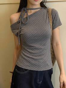 DAZY Women's Polka Dot Tie Shoulder Short Sleeve T-Shirt, Korean Style, Spring/Summer - Grey - View 2