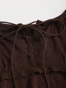 Sweetra Women's Lace Patchwork Front Tie Raglan Sleeve T-Shirt - Brown - View 3