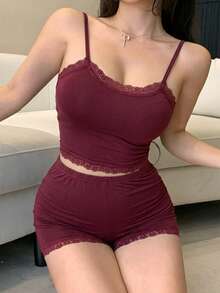 DAZY 2pcs Sexy Lace Patchwork Camisole And Ultra-Short Shorts Pajama Set For Women Summer - Burgundy - View 3
