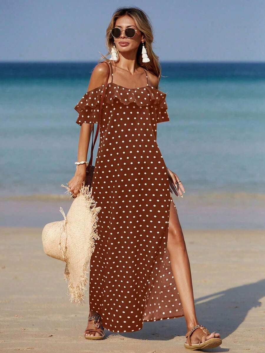 Breezaya Gaun Wanita Motif Polkadot dengan Hiasan Ruffle dan Belahan Tinggi di Bahu, Cocok untuk Liburan di Pantai - MultiWarna - View 1
