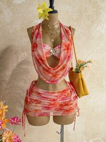 Soleia Orange Digital Print Bikini Set, Includes Bikini Top And Sheer Sarong Skirt, Sexy - Multicolor - View 4