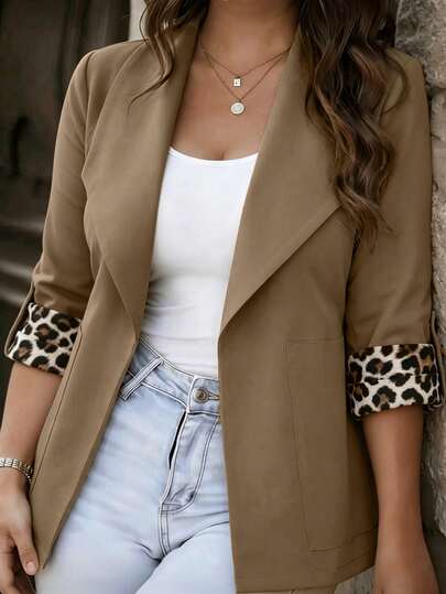 GlowEve CURVE Plus Size Women's Leopard Print Patchwork Sleeve Design, Open Front Lapel Casual Windbreaker Jacket, Versatile For Commute, Business, And Daily Wear