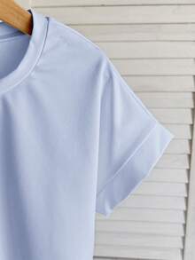 SHEIN Kaos Crop Top Lengan Pendek Kerah Bulat Longgar Warna Polos Kasual untuk Remaja Perempuan - Biru - View 3