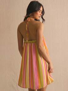 MUSERA Stripe Halterneck Flowy Mini Summer Dress Spring Summer Cosy Cute Daily Girly Vacation Sunlight Social - Pink - View 5