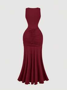 SHEIN MOD Damen Große Größen Braun Gerafftes Kleid, Herbst Kleider für Damen, Halloween Kleid, Hochzeitsparty Kleid, Elegantes Damen Kleid, Abendkleid, Weihnachtskleid, Winterkleid, Silvester Kleid, Weihnachtsparty Kleid, Thanksgiving Outfit, Halloween Outfit - Bordeaux - Übersicht 6
