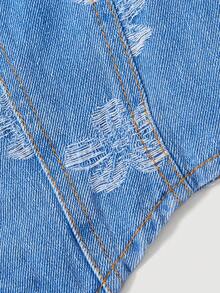 Sweetra Bộ đồ denim thường ngày dành cho nữ, gồm áo hai dây buộc cổ, in họa tiết hoa, cài cúc đơn và chân váy ngắn. - Màu xanh lam - Xem 4