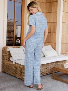 Doze Lane Set Piyama Lengan Pendek Berkerah Motif Kotak-kotak - Biru - View 2