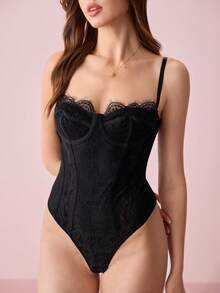 Bonmuse 1pc Fashionable Lace Trim Bodysuit, Supportive & Fittedfor Summer - Black - View 5