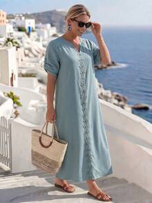 SHEIN LUNE CURVE Plus Size Women Casual Floral Embroidery Pattern Dress For Party Tea Party Vacation Dusty Blue Summer - Green - View 6