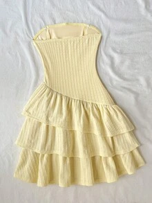 SHEIN Tween Girls' Pale Yellow Summer Cute Vacation Holiday Casual Minimalist Comfortable Textured Knit Fabric Layered Ruffle Trim Tube Top Dress - Yellow - View 4