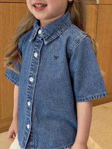 DAZY Áo denim tay ngắn dáng rộng cổ bẻ cho bé gái (size nhỏ) - Rửa tối - Xem 1