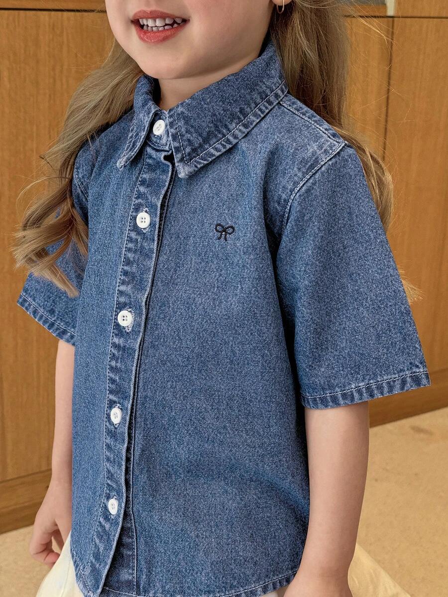 DAZY Áo denim tay ngắn dáng rộng cổ bẻ cho bé gái (size nhỏ) - Rửa tối - Xem 1