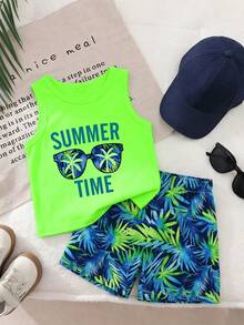 SHEIN Playful Pals 2pcs/Set Unisex Infant/Toddler Baby Boy/Girl Sunglasses & Letter Print Tank Top, Palm Tree Print Shorts Set, Summer Outfit - White - View 1