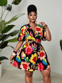 Maweii Plus Size Floral Print Tie-Waist Backless Dress, Casual Holiday Beach Vacation Black Summer - Multicolor - View 7