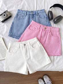 SHEIN 3件套 女童白色、蓝色、灰色牛仔短裤 - 彩色 - 查看 1