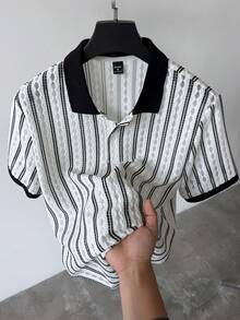 Manfinity CasualCool 男士条纹短袖休闲通勤 Polo 衫 - 黑與白 - View 3