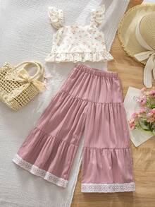 SHEIN 女童两件套：碎花无袖上衣（荷叶边领）和配套半身裙 - 彩色 - 查看 5