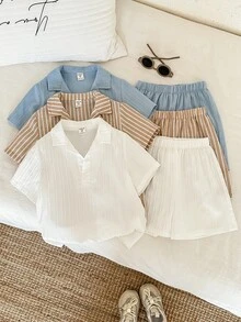 SHEIN 男童夏季休闲衬衫短裤套装 - 彩色 - 查看 2