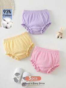 Cozy Pixies 3pcs Baby Girl Solid Color Comfortable Elastic Waist Triangle Shorts Set, Summer Shorts & Crawler Pants - Multicolor - View 3