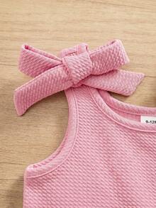 2pcs/Set Cute Summer Solid Color Knitted Romper With Bow For Baby Girl - Coral Pink - View 6