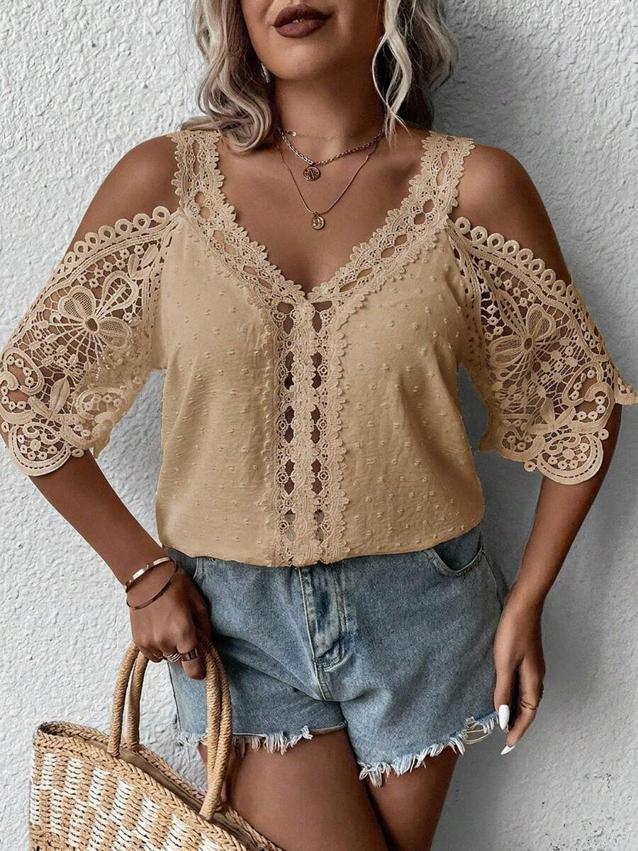 SHEIN Clasi Plus Size Women's Contrast Lace Off-Shoulder Fashionable Blouse - Khaki - View 1