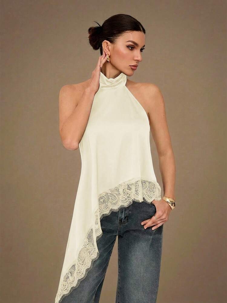 SHEIN Tall 优雅蕾丝边露背吊带背心，性感缎面拼接无袖上衣，适合派对、鸡尾酒会、正式场合、圣诞节、商务休闲等场合。 - 杏色 - 查看 3