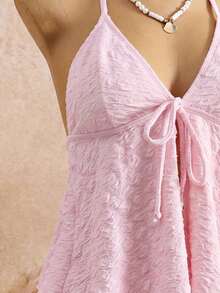 Bellisia 2 piezas Top de bikini de triángulo con textura de punto de unicolor para mujer, casual para playa y vacaciones de verano - Rosa - Ver 4