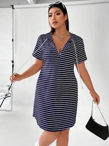 Vionelle Vestido casual canelado com capuz e cordão, tamanho grande. - Azul marinho - Ver 5