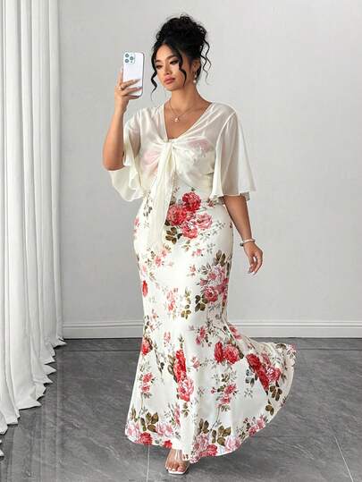 Elenzga Plus Size New Women Square Collar Bow Chiffon Blouse & Printed Fishtail Hem Dress Set