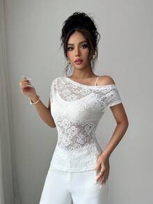 Elenzga Damen minimalistische einfarbige plissierte asymmetrische Schulter Spitzenbluse, Sommer - Weiss - Übersicht 3