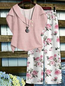 EMERY ROSE 大尺碼女款優雅花卉印花V領上衣與寬腿褲兩件套，夏季休閒服飾 - 彩色 - 查看 1
