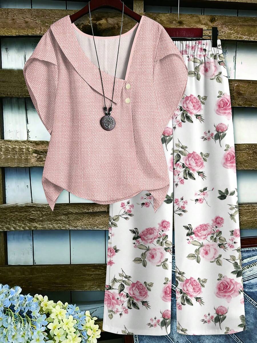 EMERY ROSE 大尺碼女款優雅花卉印花V領上衣與寬腿褲兩件套,夏季休閒服飾 - 彩色 - 查看 1