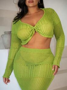 Veslaya Plus Size Women's Avocado Green Knit Set,Long Sleeve Twist Front Crop Top&High Waist Skirt For Sommar,Beach,Vacation,Holiday,Music Festival&Party - Green - View 5