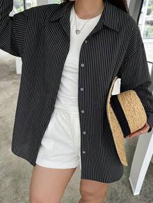 Dazy Plus 女款寬鬆翻領黑白休閒基本款大尺碼長袖罩衫，適合教師節、辦公室、度假、秋季 - 藏蓝色 - 查看 3