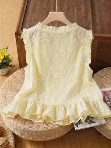 Elenzga Áo kiểu dáng lãng mạn Pháp mùa xuân/hè, chất liệu jacquard thêu họa tiết, cài cúc đơn, viền bèo nhún, thích hợp cho kỳ nghỉ, hẹn hò, phong cách quý cô trưởng thành. - Màu vàng - Xem 2