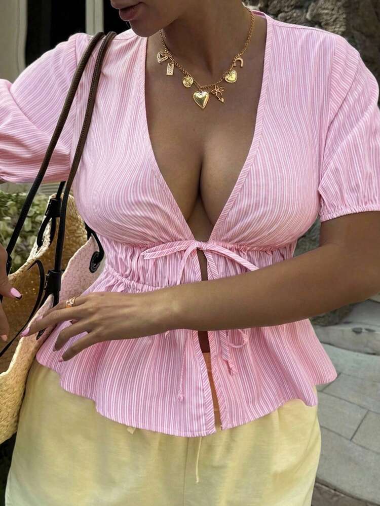 Dazy Plus Countryside Style Holiday Easter Party Summer Vacation Pink Striped Petal Sleeve Tie Waist Women Blouse, Spring/Summer