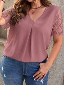 EMERY ROSE Plus Size V-Neck Ruched Short Sleeve Dusty Pink Summer Smart Casual Dressy Top,Fashionable Everyday Women's Vacation Outfits,Solid Country Tops - Pink - View 6