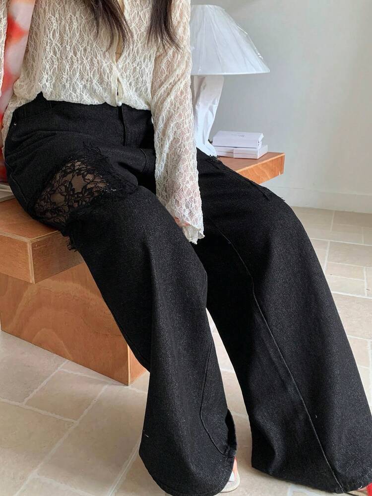 Dazy Plus Plus Size Women Casual Black Jeans With Sheer Lace Patchwork Design, Straight Leg, Suitable For All Seasons