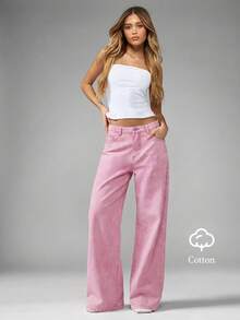 SHEIN PETITE Quần jeans nữ cạp cao, ống rộng màu hồng nhạt, thích hợp cho trang phục thường ngày mùa hè. Quần jeans nữ dáng rộng, có túi, ống loe, thích hợp cho trang phục thường ngày. - Hồng - Xem 3