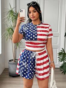 SHEIN EZwear 大尺碼女款美國國旗數位印花星條紋圖案圓領短袖上衣與短褲休閒兩件套 - 彩色 - 查看 5