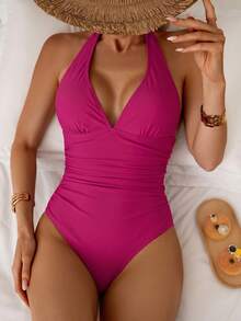 Shapewave Tummy Control One-Piece Swimsuit With Solid Color Design, Halter Neck And Criss-Cross Back Holiday Beach Holiday Summer - Red Violet - View 5