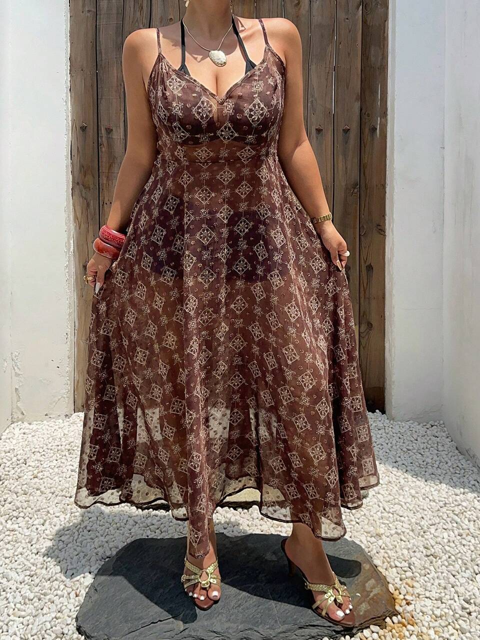 Dazy Plus V-Neck Spaghetti Strap Semi-Sheer Floral Print Cinched Waist Maxi Dress, Sexy Beach Cover Up Swimsuit For Plus Size Women, Spring/Summer Brown
