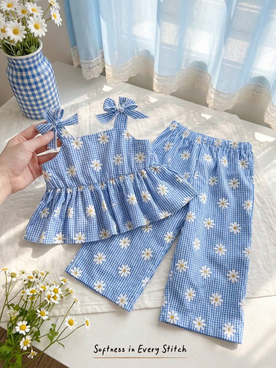 Cozy Pixies Bộ đồ 2 món cho bé gái: Áo yếm và quần cạp chun họa tiết hoa nhí. - Màu xanh bụi bặm - Xem 1